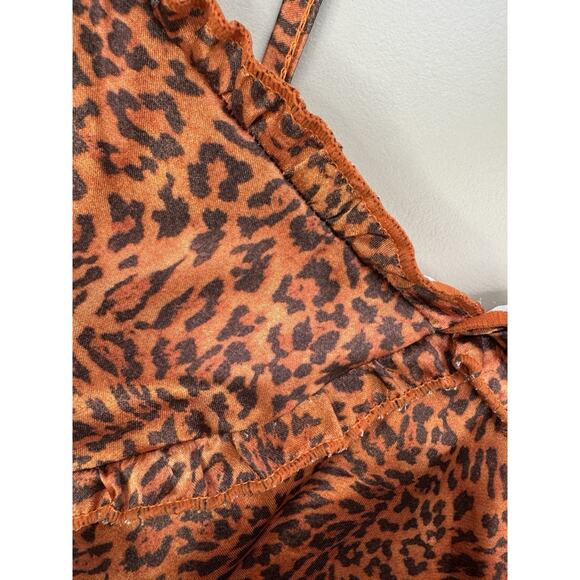 Pretty Little Thing Cheetah Ruffle Babydoll Top XS Brown Black Y2K Retro Satin - Picture 6 of 11
